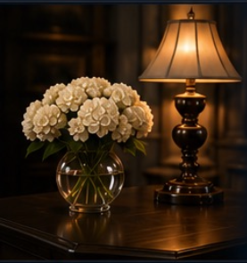 White flowers and a warmly lit lamp in a peaceful home