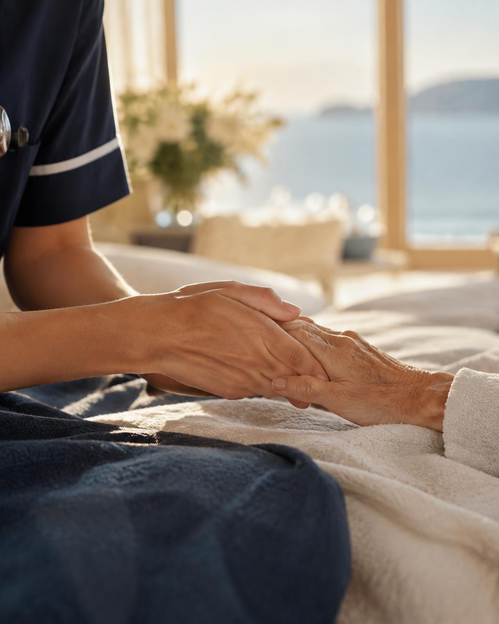 A nurse gently holding a patient's hand at home